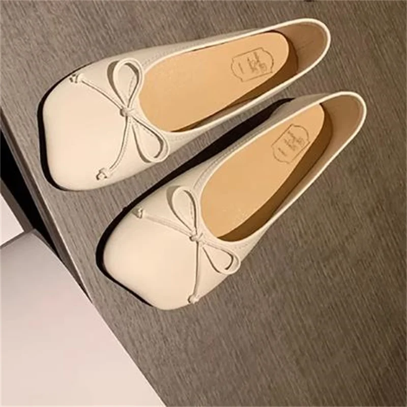 Butterfly-knot Shoes for Ladies Square Toes Women Low Heels Bow-tied Zapatos De Mujer Solid Shallow Sewing Lines Female Ballets