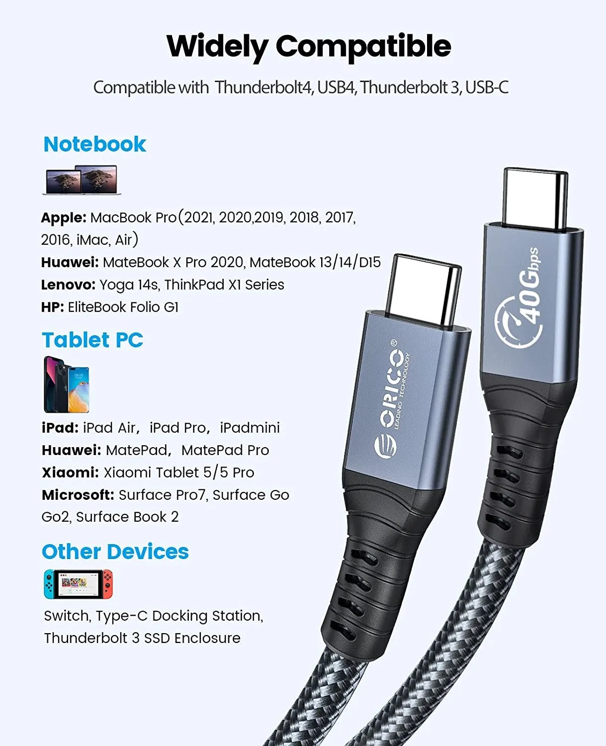 ORICO Thunderbolt 4 40Gbps kabel USB C z wyświetlaczem ładowania 100W PD 8K @ 60Hz dla macbooków iPad Pro Huawei