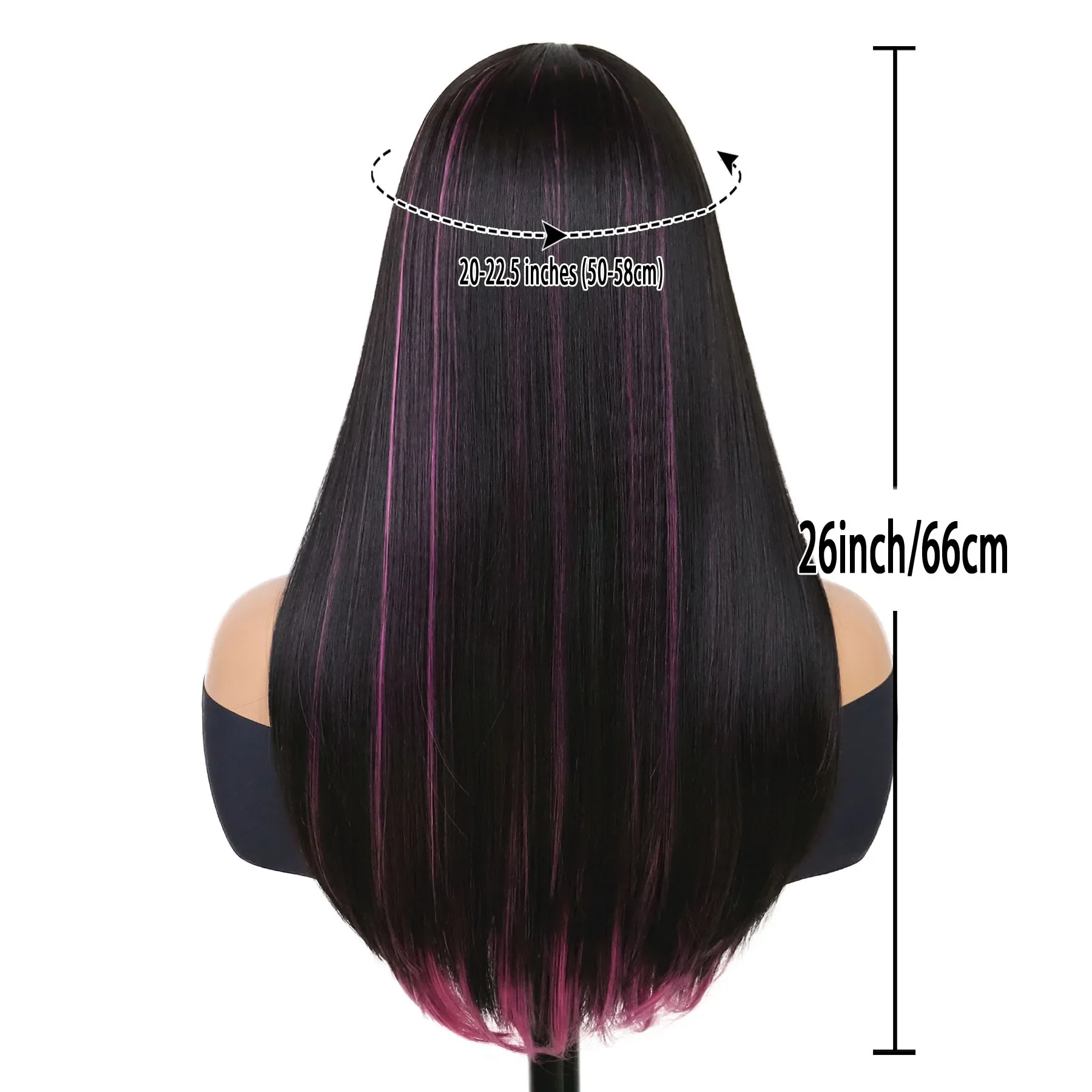 Peluca de cabello sintético largo y liso con flequillo para mujer, estilo Casual, mezcla marrón con reflejos, rosa roja