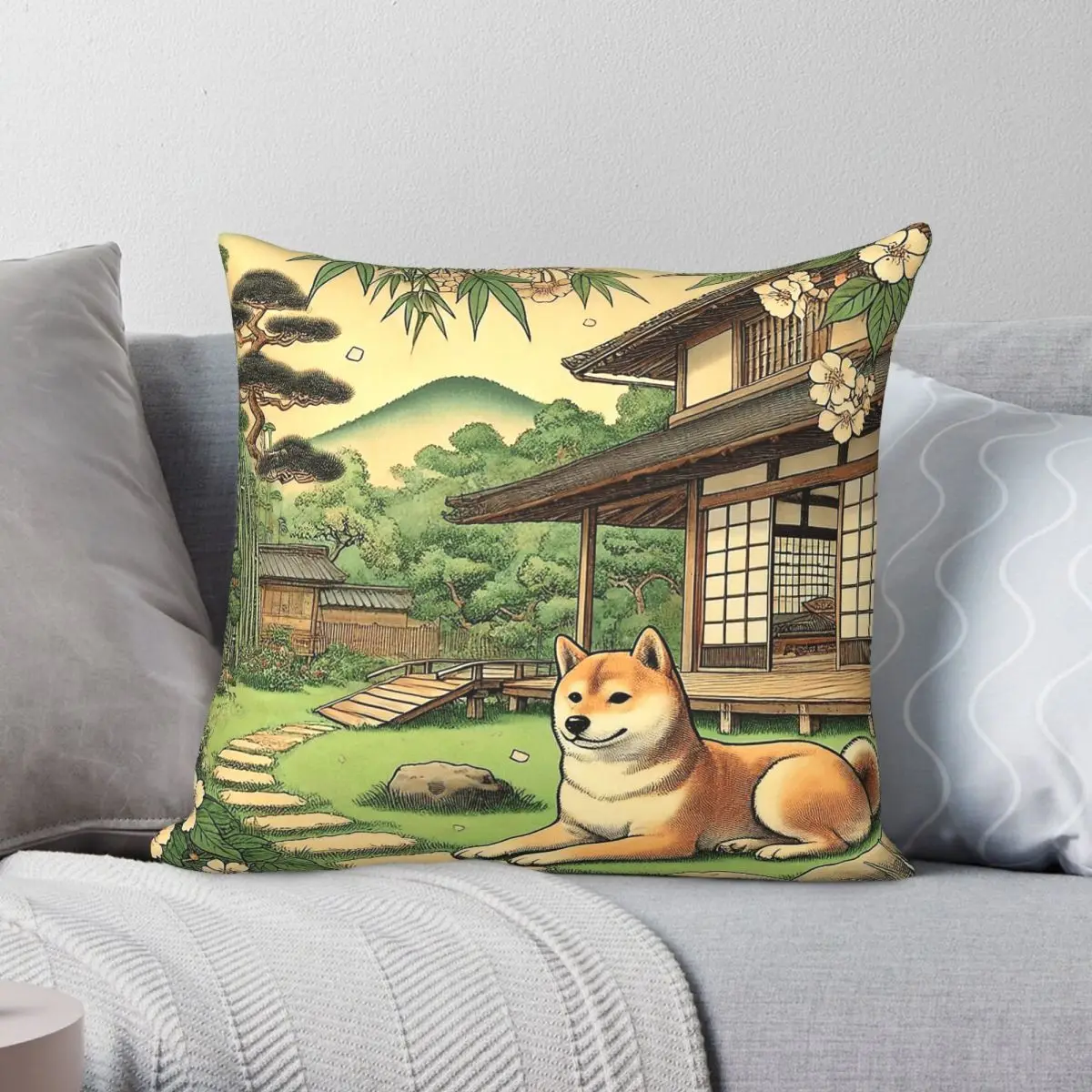 Shiba Inu Japanese Garden Pillowcase Polyester Linen Velvet Creative Zip Decorative Sofa Seater Cushion Cover 45x45