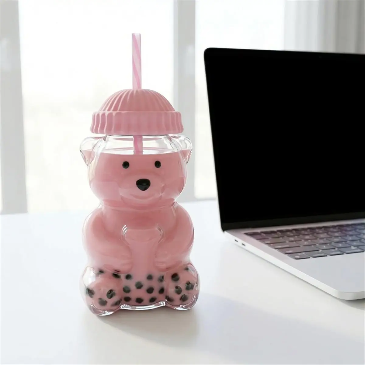 Glass Bear Cup,Bear Cup with Straw, 500ml Reusable Bear Glass Tumbler with Lid for Iced Coffee, Milk Tea, and Cocktails