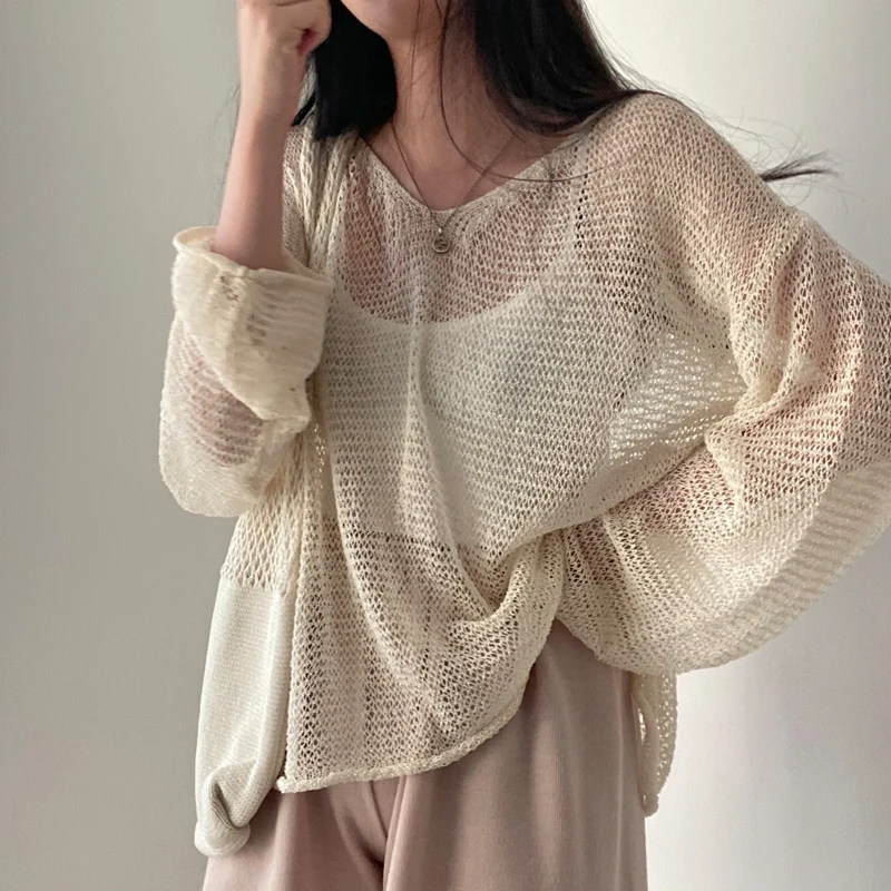 Y2K Korean Hollow Out Women Shirt Summer Fashion New Knitted Loose Female Blouse Casual All Match Long Sleeve Solid Ladies Tops