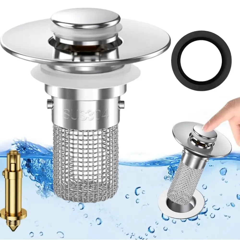 

Stainless Steel Bathroom Sink Drain Strainer Odor Proof Removable Basket Drain Stopper Universal Fit Bouncing Core Sink Strainer