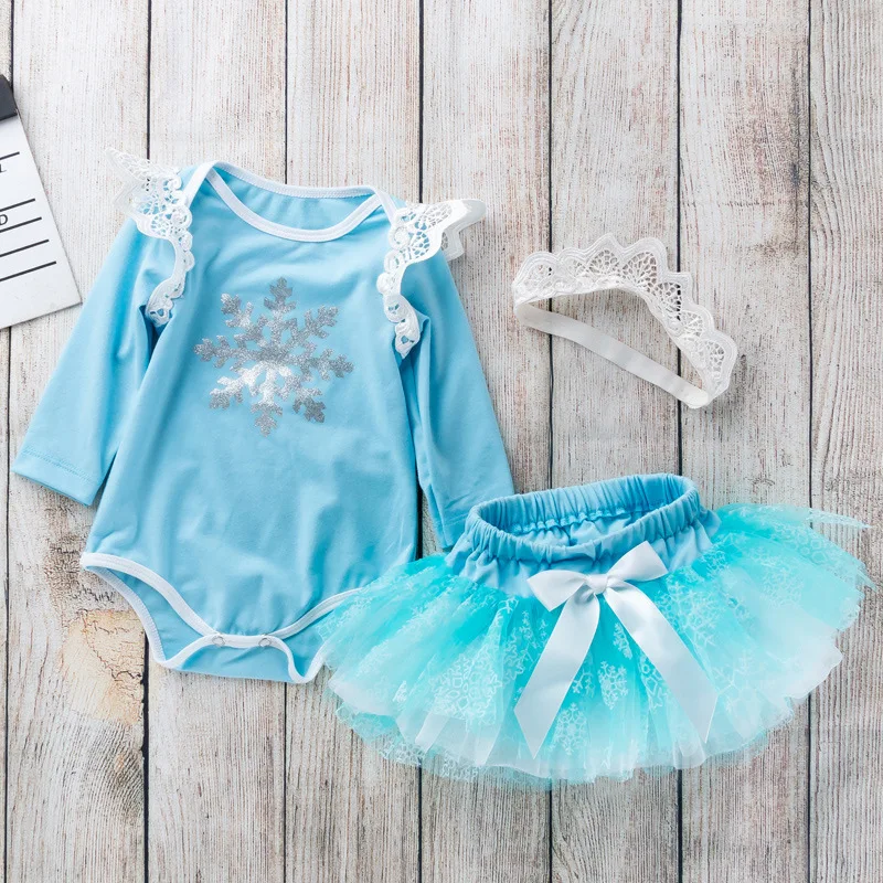 

Spring and Autumn New Style Baby Girl Light Blue Long Sleeve Winged Romper Skirt Set Princess Dress
