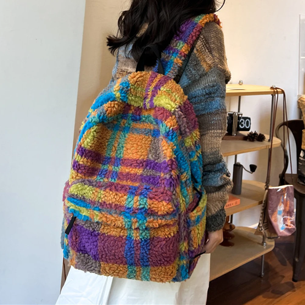 Lamb Wool Color Clash Schoolbag Winter Fluffy Student Mochila Faux Fur Women\'s Knapsack Soft Furry Plaid Ladies Fashion Backpack