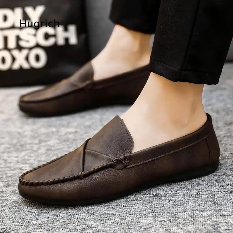 Retro Brown Slip On Loafers For Men Hand Stitched Edge Soft Upper Flat Anti Slip Sole Casual Business Daily Driving Shoes