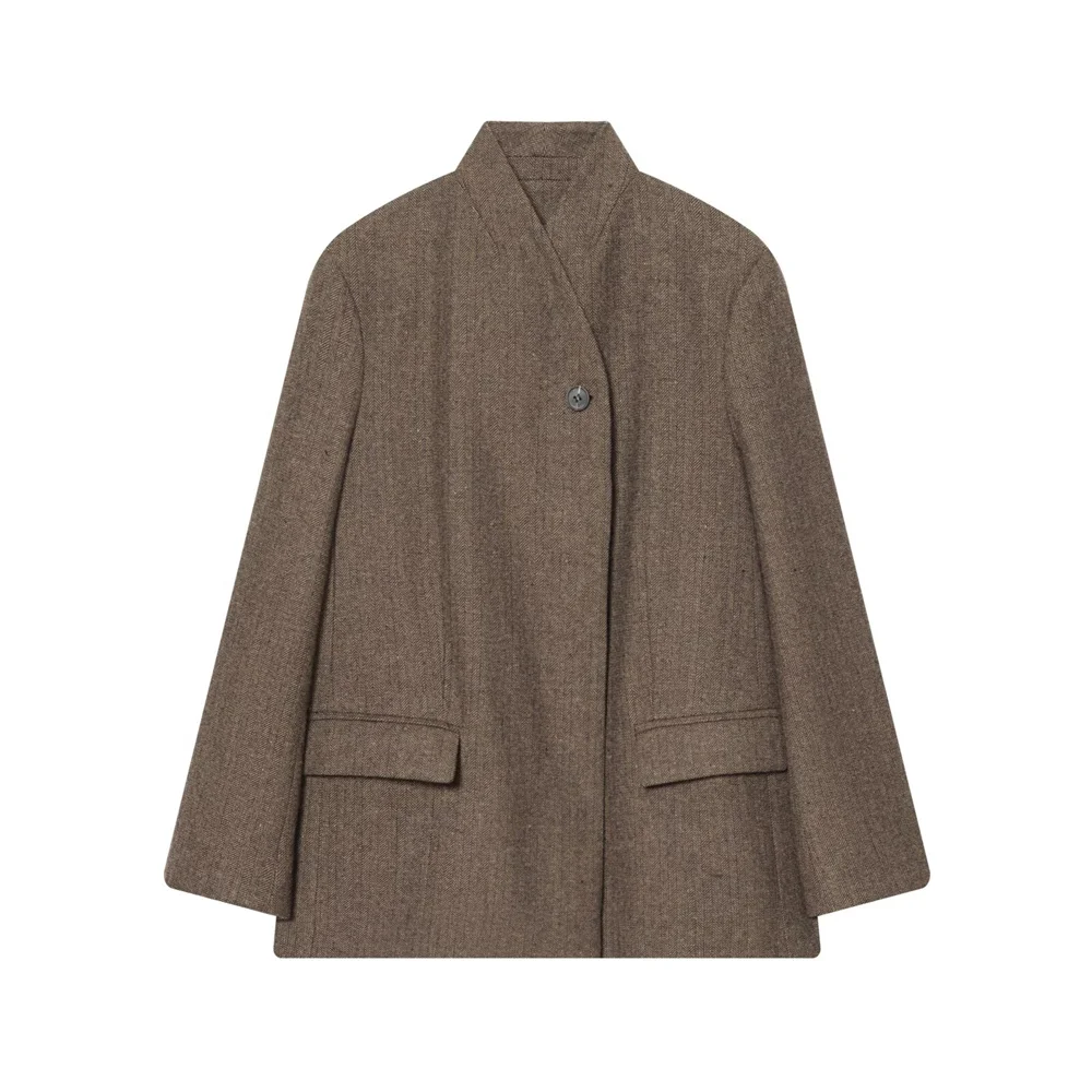 

Winter new women's casual style stand up collar long sleeved single row multi button herringbone patterned suit jacket