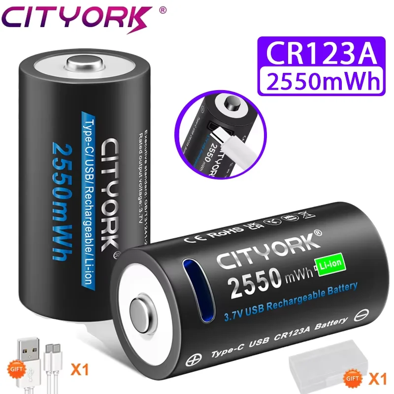CITYORK CR123A Battery 2550mWh 3.7V Rechargeable Li-ion 16340 Batteries For LED Flashlight 16350 RCR123 Battery+USB Type-c Cable