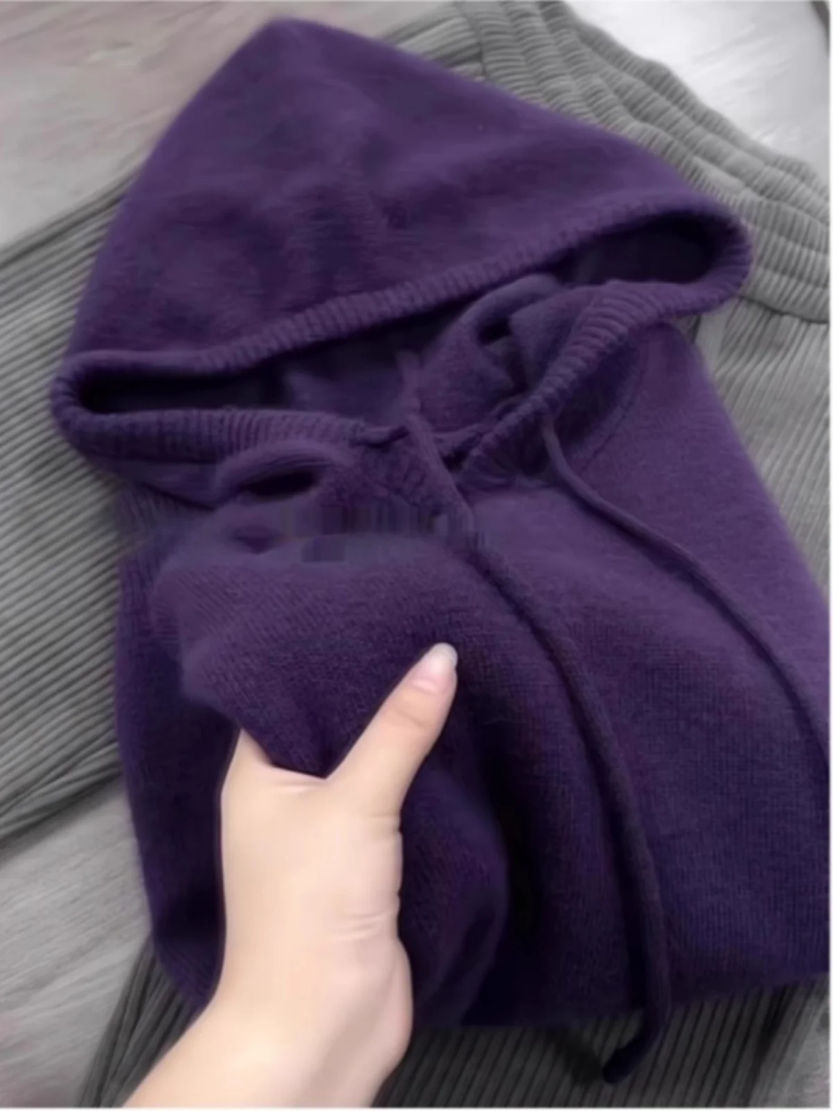 

Elegant Deep Purple Hooded Knitwear Top Women's Soft Cozy Lazy Style Autumn Winter Fashion Korean Loose Fit Long Sleeve Sweater