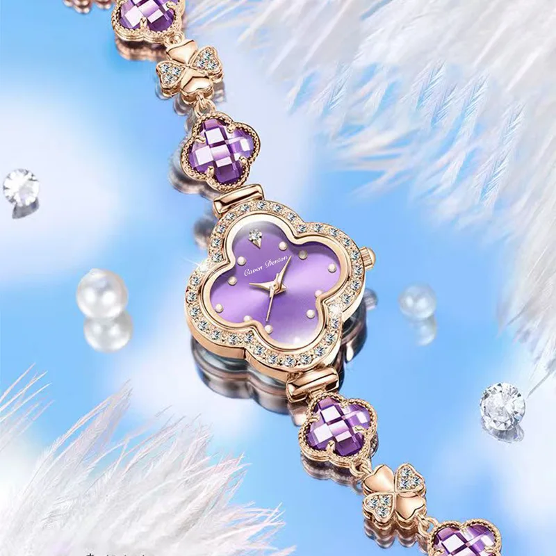 CAVEN DENTON Women Watch Fashion Four-Leaf Clover Ladies' Watch with Gemstone-Inset Diamond Bracelet Fashion Dress Watch Gifts