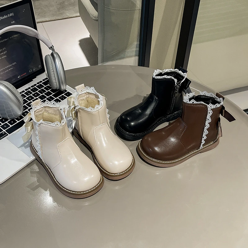 

Сапоги принцессы для девочек, милые кружевные детские кожаные сапоги, универсальные детские короткие сапоги в корейском стиле, осень-зима 202, элегантные повседневные сапоги