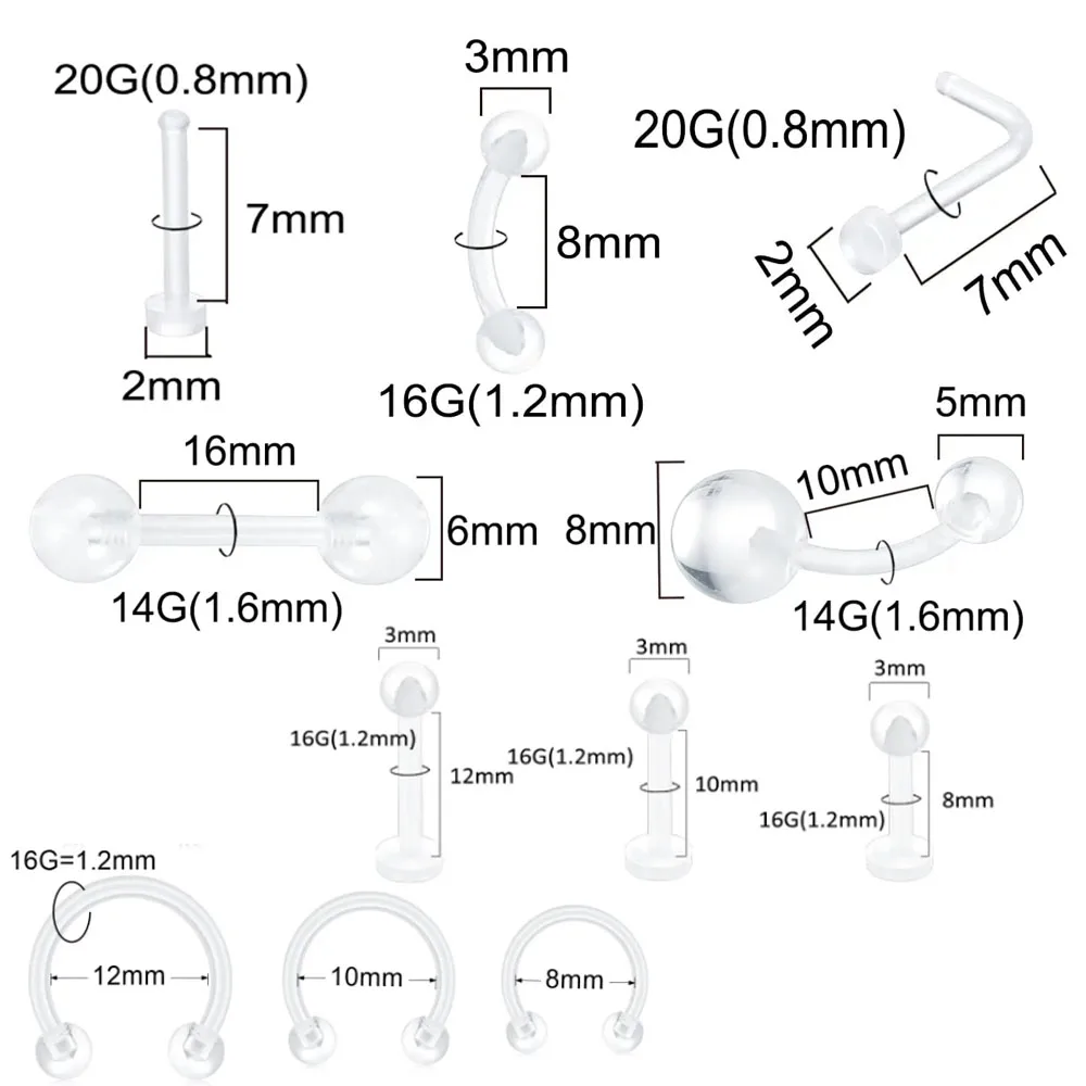 33pcs 16G 14G 20G Clear Piercing Retainers Flexible Bioflex Clear Plastic Tongue Belly Button Lip Nose Industrial Ring Cartilage