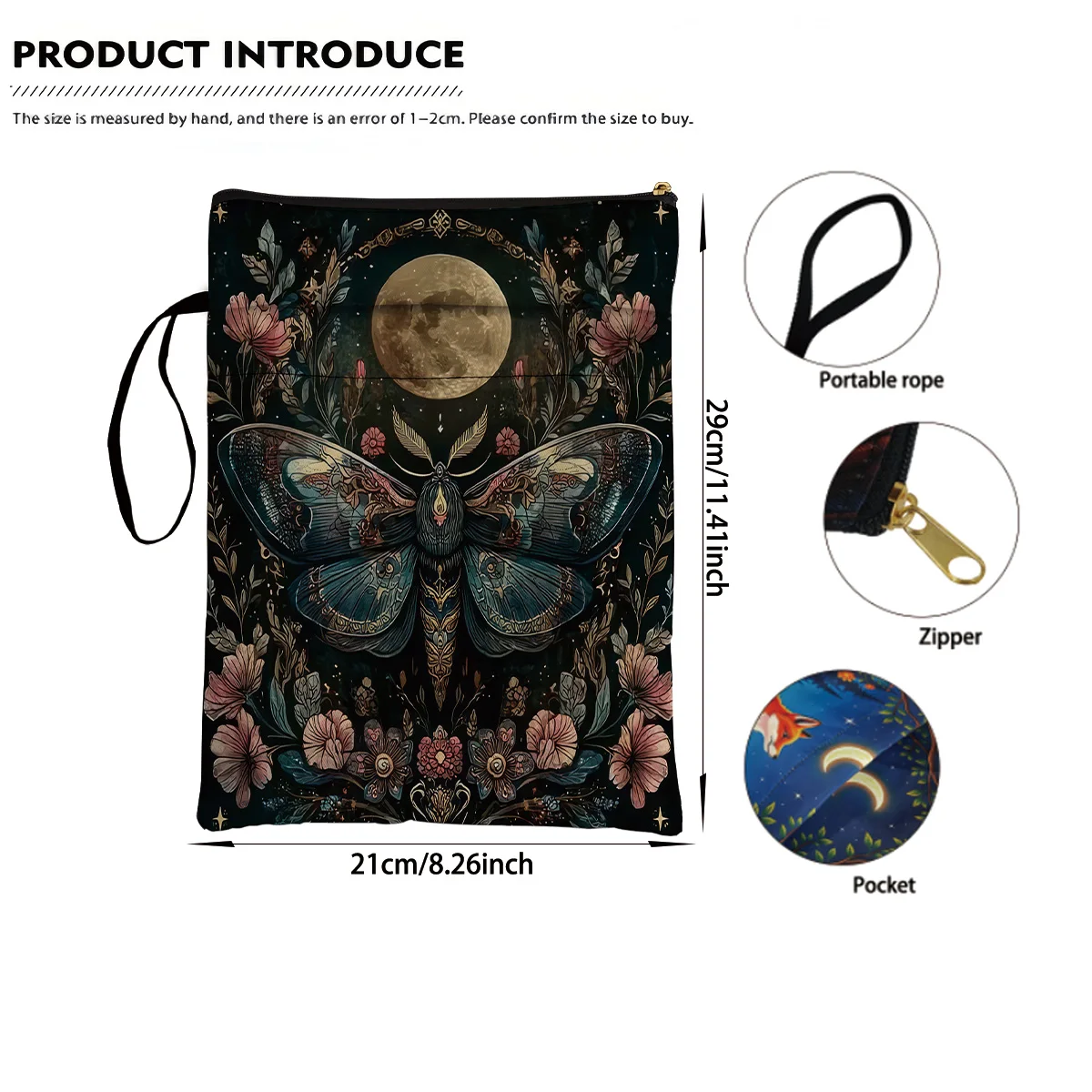 Book Protection Cover With Zipper Double Sided printing Tarot Book Bag Moon Moth Storage Bag Daily Use Pen Bag Stationery Bag
