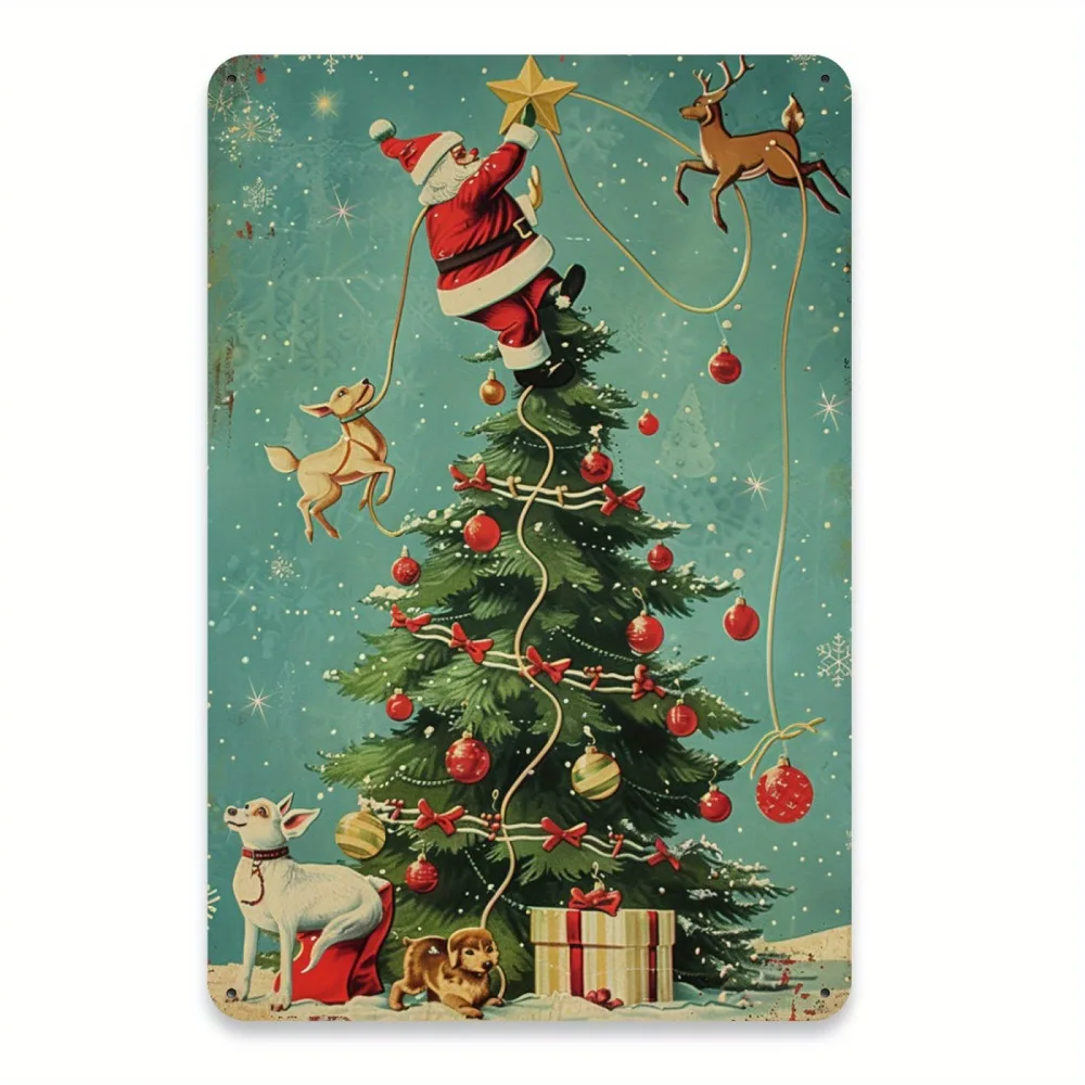 2D flaches Vintage-Metallschild „Naughty Santa on Tree“ – langlebige Eisen-Wandkunst, festliche Weihnachtsdekoration für Zuhause, Büro, Café, Garten