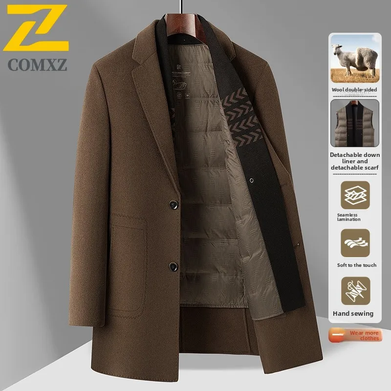 

COMXZ Mens Long Down Jacket Lightweight Business Casual Warm Puffer Coat Premium Detachable Inner Layer Winter Long Wool Coat