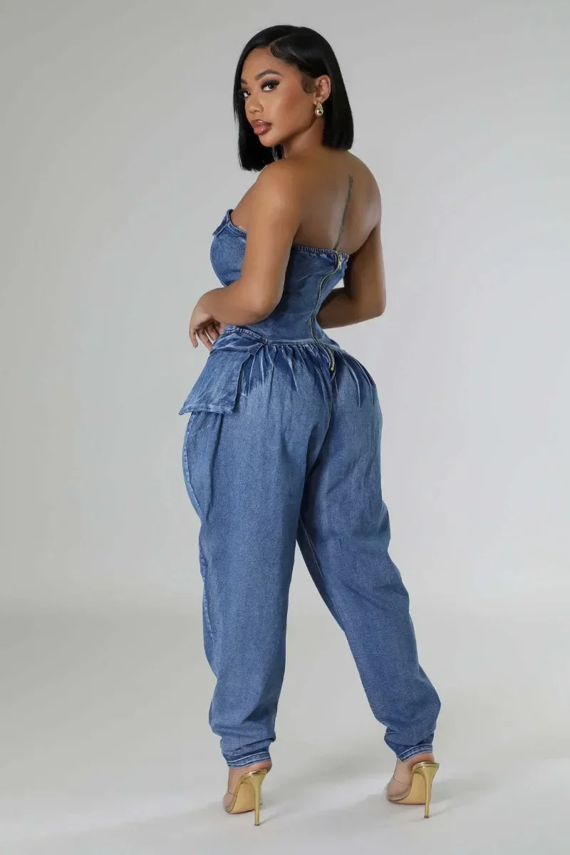 Women Sexy Strapless Washed Denim Cargo Jumpsuits Zipper Backless Multi Pockets Pleated Loose One Piece Overalls Jeans Rompers