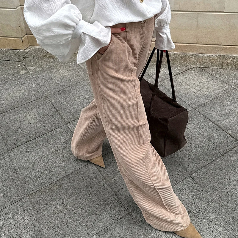 OMSJ automne hiver Style de rue rétro couleur unie bouton fermeture éclair coton ample loisirs velours côtelé pantalon droit à la mode femmes tenue