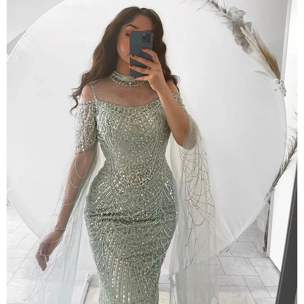 Luxury Mermaid Evening Dress with Cape for Women Sparkly Beads Pearls High Neck Long Formal Prom Wedding Party Gown Vestido