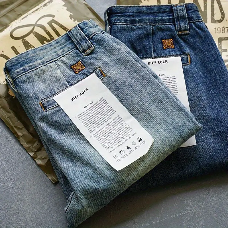 New 2025 Classic Japanese Vintage Men's Leisure Jeans Cotton Dark Blue Straight Pants Solid Designer Luxury Clothing Clothes