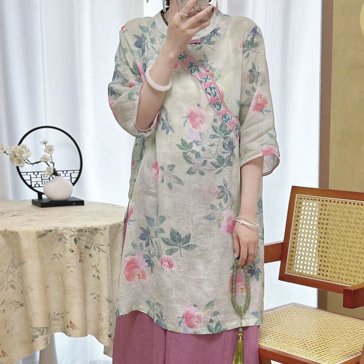 

Новый летний китайский женский льняной воротник средней длины с принтом и вышивкой, воротник-стойка, пять четвертей све