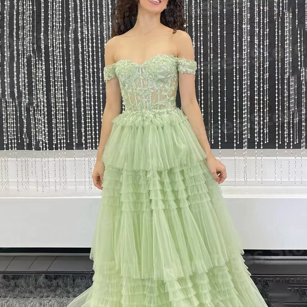 Anmutige A-Linien-Abendkleider für Damen, maßgeschneidert, schulterfrei, mit Spitzenapplikationen, Ballkleider, Partykleider, Vestidos Para Mujer Elegantes