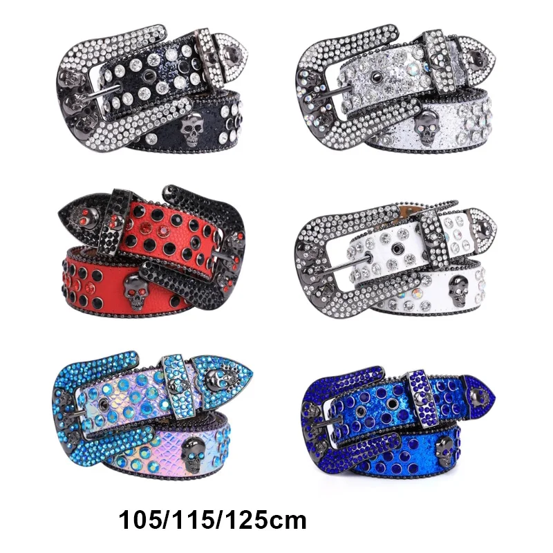 

Men Skull Buckle Belts Women Pu-leather Strap Rhinestone Buckle Belts Punk Style Studded Belts Y2k Girls Fashion Jeans Belt