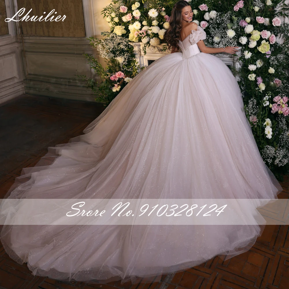 Lhuillier Off the Shoulder Ball Gown Shiny Tulle Wedding Dresses Floor Length Princess Pleated Bridal Dress with Chapel Train