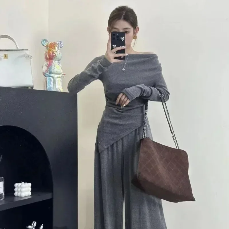 قطعتين مجموعة واحدة الكتف طويلة الأكمام السراويل واسعة الساق شهوة نقية الساخن فتاة الزي بدلة على الموضة النساء الاتجاه غير النظامية