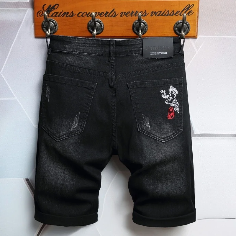 2023 Summer New Men's Black Embroidered Short Jeans Chinese Style Pattern Elasticity Slim Denim Shorts Male Brand Clothes