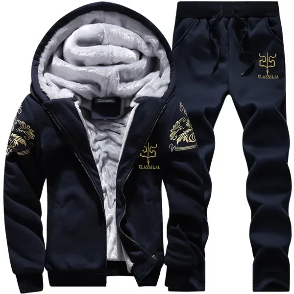 Men Winter Tracksuits Sets Hoodies Casual Hooded Warm Sweatshirts+Pants Thicker Fleece Jacket+Pants Men Moleton Masculino M-4XL