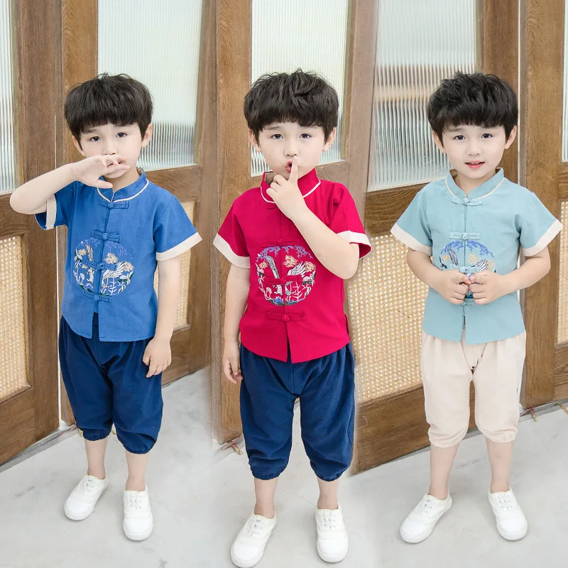 

Summer Boys Short Sleeve Kids Perform Costumes Chinese Lovely Tang Suit Cotton Children Two Piece Set Ancient Hanfu