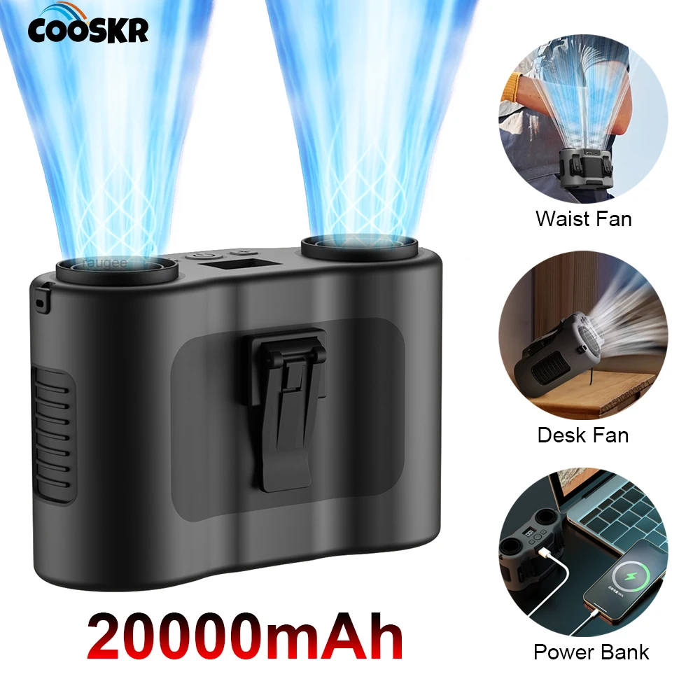 

20000mAh Waist Fan Dual Airflow Outlet Air Circulation Neck Fan Rechargeable for Outdoor Working Waist Clip Fan with Power Bank