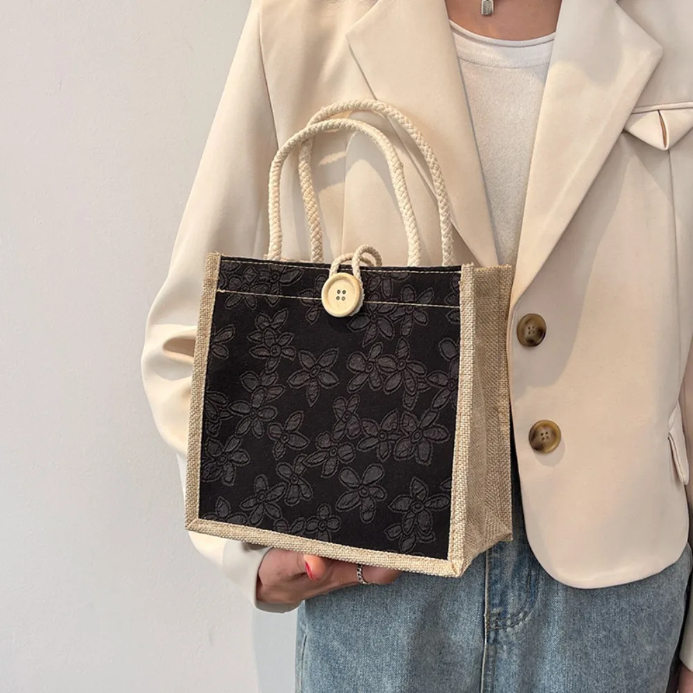 Fashion Zipper Flower Linen Bag Button Large Capacity Love Heart Tote Bag Gift Bag Lunch Bag Linen Handbag Travel