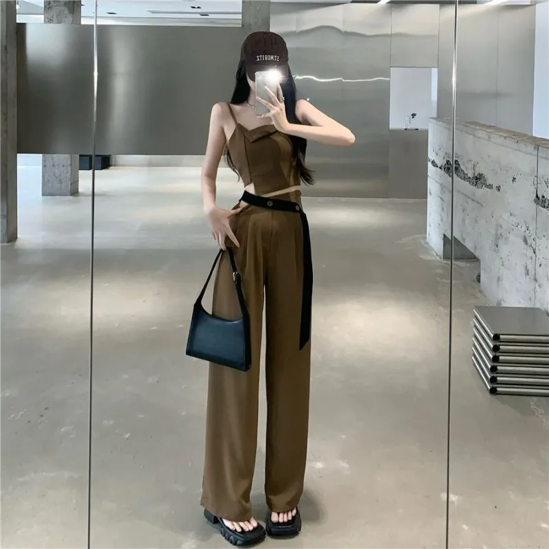 Fashion Spicy Girl Irregular Sling Vest Top Wide Leg Suit Pants Two-piece Set Women Shirring Collarbone Solid Slim Summer Set