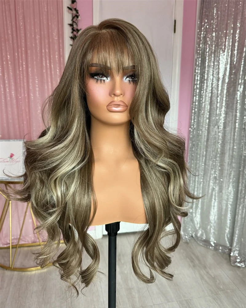 Caramel Brown Blonde highlights Long Curtain Bangs Wig Balayage Synthetic Lace Front Wig with Fringe Glueless WEar and Go Full