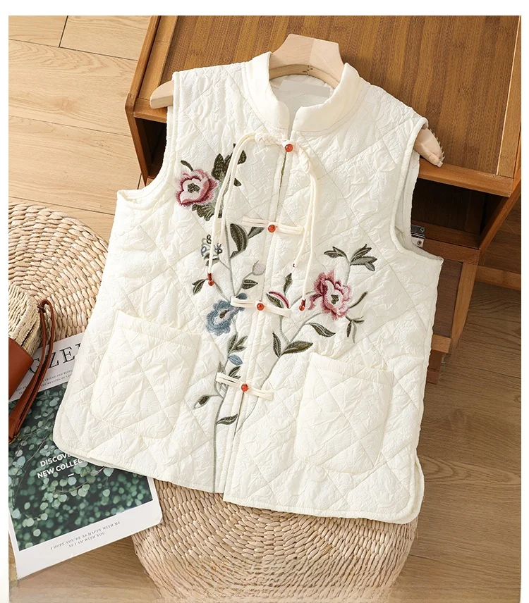

Китайский хлопковый жилет с вышивкой и воротником-стойкой, женский модный жилет Jaet, подходит для поездок на работу, с одной пуговицей