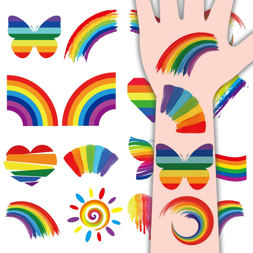 8pcs Rainbow Face Sticker Waterproof Temporary Tattoo Colorful Butterfly Love Sun Body Art Arm Fake Tattoos Women Men Pride Day