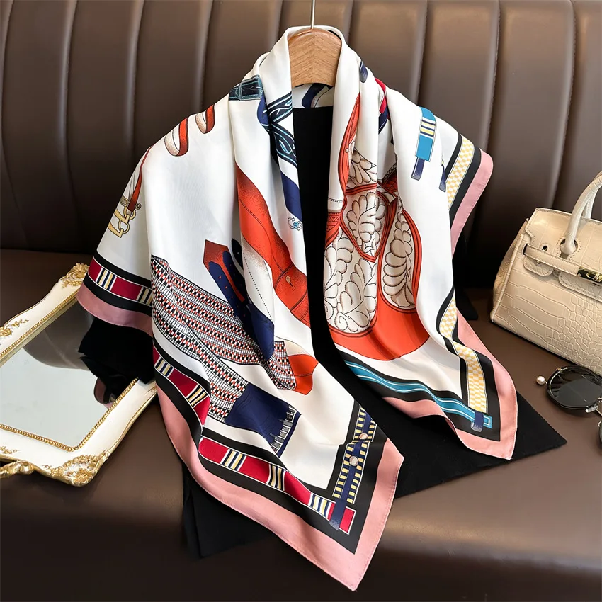 

90cm Square Shawl Scarf Luxury Brand Mixed Print Soft Satin Silk Loose Wrap Hijab Beach Women All Season Bandanna Muffler