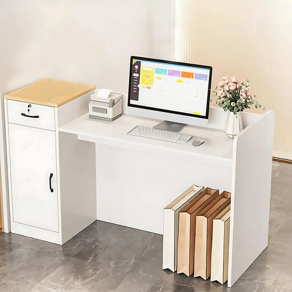 

Кассовый прилавок для розничной торговли с запираемыми ящиками и открытыми полками (белый-ZUO)