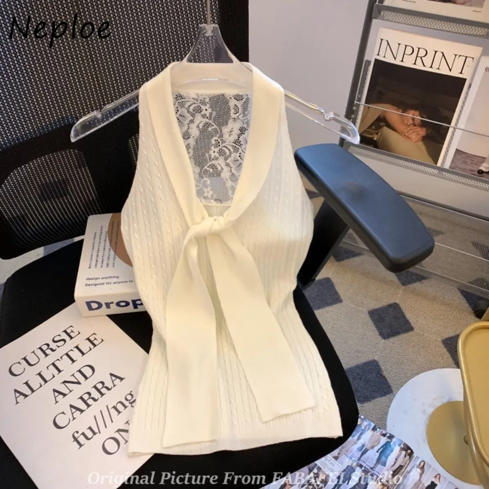 

Neploe Simple Slim Sweet Spice Girls Холтер Ropa Mujer Западный кружевной ажурный универсальный жилет Сексуальные свежие повседневные футболки на шнуровке