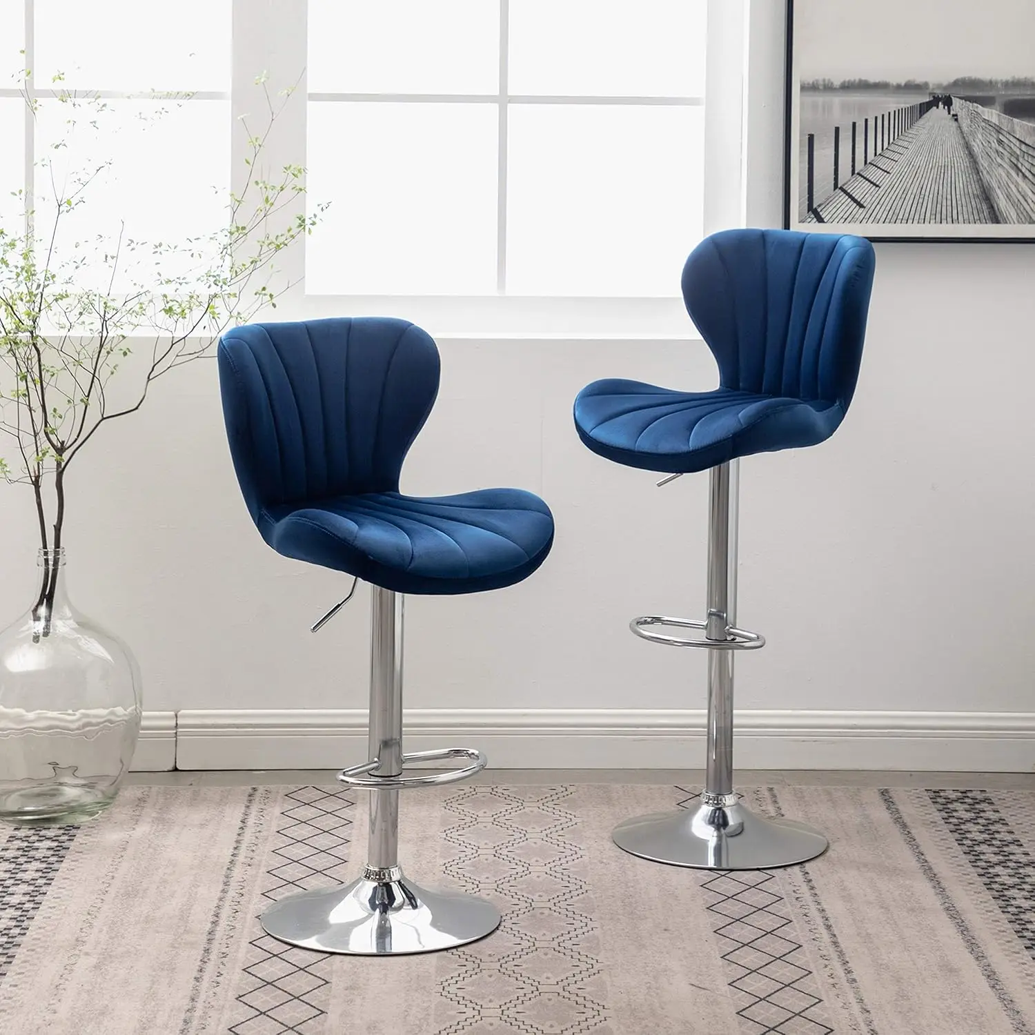 

Roundhill Furniture Ellston Velvet Adjustable Swivel Barstools in Blue, Set of 2 Bar Stools for Kitchen