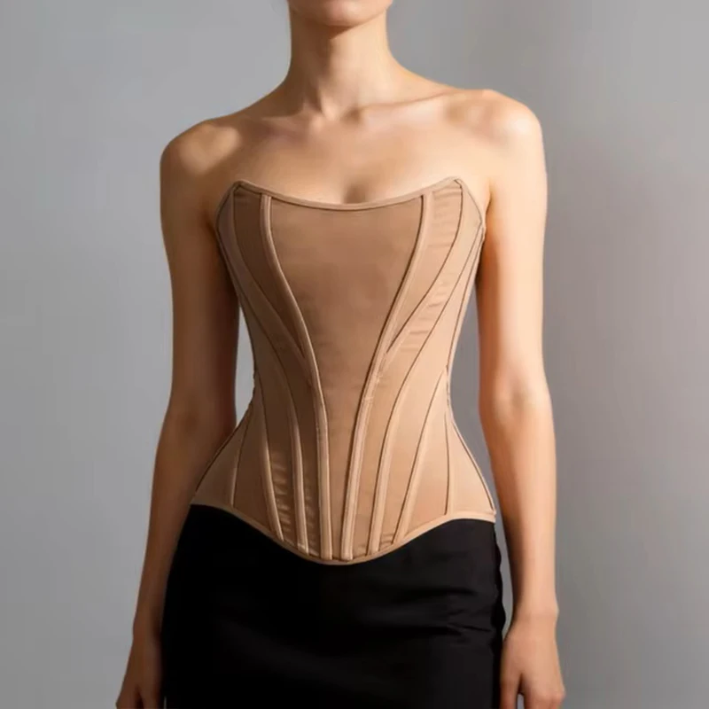 XXS Lightweight Luxury Elegant Long Torso Nude Beige Strapless Mesh Overbust Corset Bustier Top With Zipper Boned Curve Women