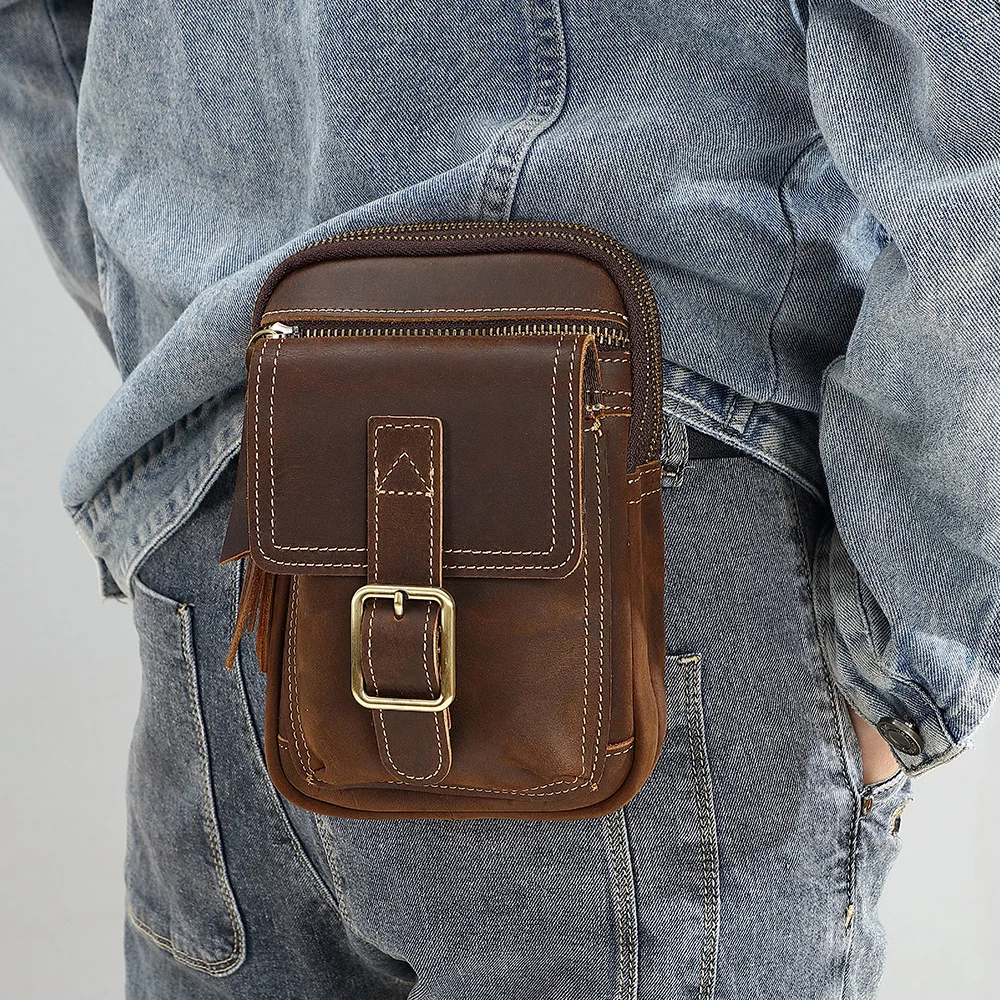 Top Layer Cowhide Men\'s Small Bag Cellhone Bag Multifunctional Leather Bag Single Shoulder Crossbody Belt Leather Waist Bag