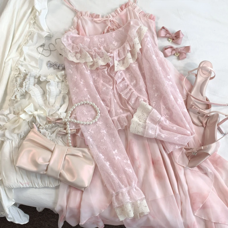 Kawaii Cute Lolita Style Short Cardigan Women Sweet Lace Bow Ruffles Lace-ups Chiffon Coat Korean Fashion Casual Loose Crop Tops