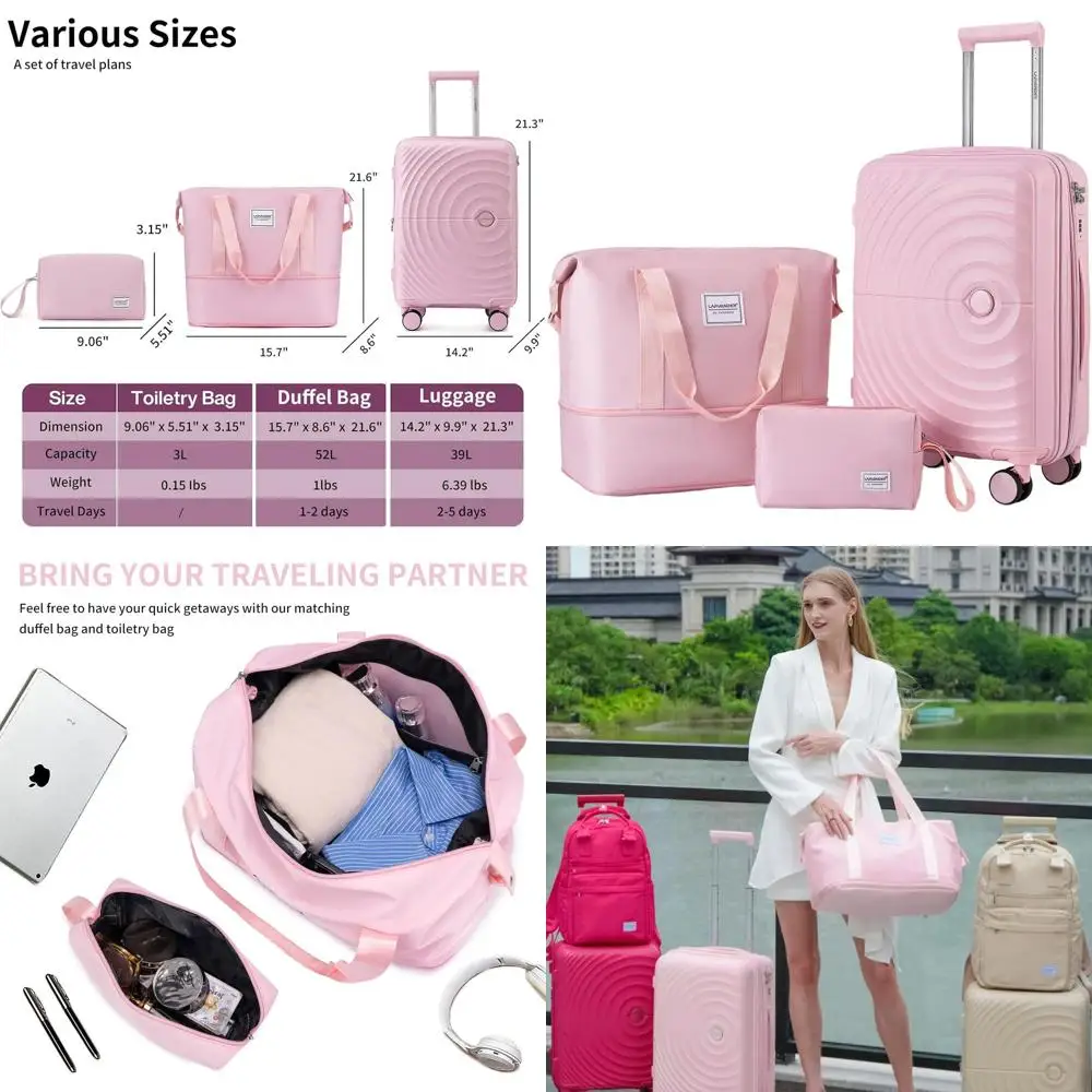 

Светло-розовый расширяемый набор для ручной клади из трех предметов, 20 с одобрением авиакомпании, с колесами и спортивной сумкой