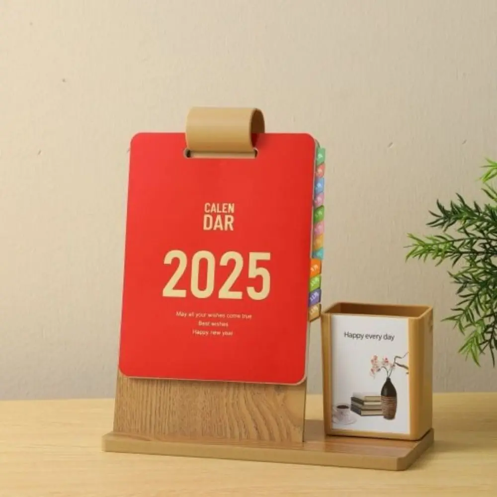 

With Pen Holder 2025 Wooden Calendar High Value Pattern Loose-leaf Buckle Desk Calendar DIY Calendar Desktop Calendar Ornament