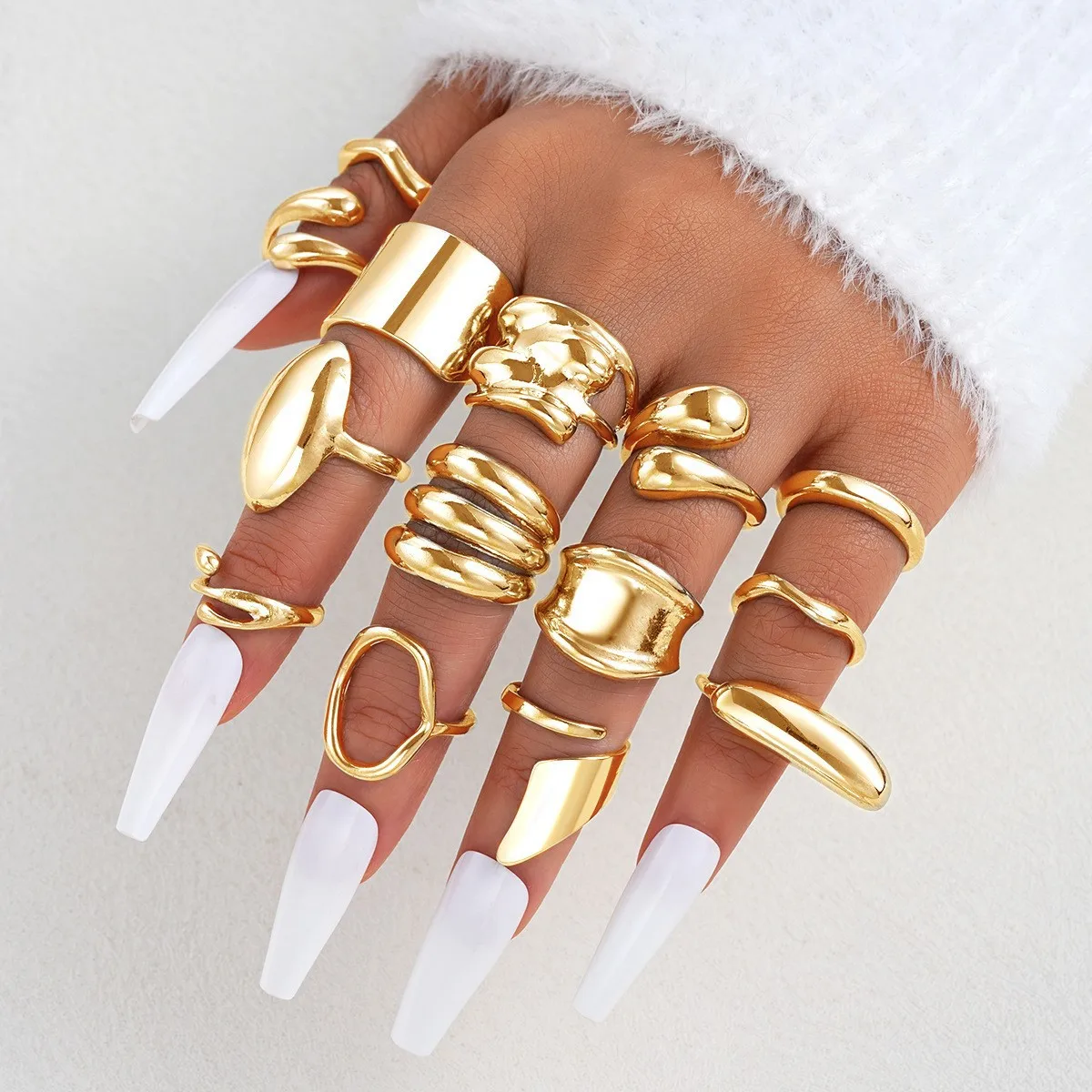 Irregular Smooth Curve Ring Set 14 Pieces Unique Water Drop Shape Minimalist Fashion Womens Finger Jewelry Silver Alloy