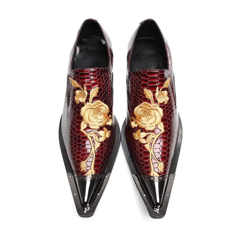 

Pointed Toe Flower Embroidery Men's Shoes Crocodile Print Leather Shoes Trendy Casual Versatile Nightclub Stage Runway Shoes