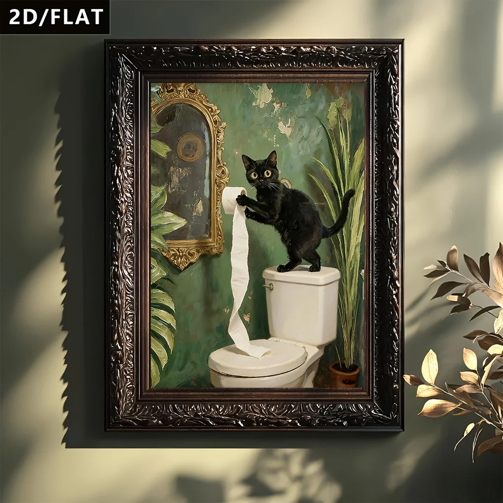 2D Flat, 1pc Vintage Black Cat on Toilet Paper Roll Poster - Retro Oil Painting Canvas Wall Art Suitable for Bathroom, Kitche
