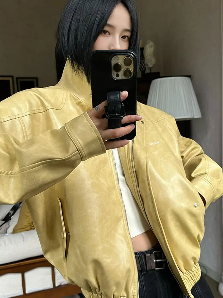 Kaeng レディース イエロー レザー ジャケット バイカー パイロット ジャケット アメリカン スレ 秋 ファッション 高級感 ルーズフィット オルト コート